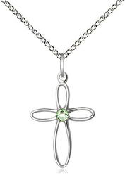 [1707SS-STN8/18SS] Sterling Silver Loop Cross Pendant with a 3mm Peridot Swarovski stone on a 18 inch Sterling Silver Light Curb chain