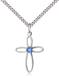 [1707SS-STN9/18S] Sterling Silver Loop Cross Pendant with a 3mm Sapphire Swarovski stone on a 18 inch Light Rhodium Light Curb chain