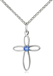 [1707SS-STN9/18SS] Sterling Silver Loop Cross Pendant with a 3mm Sapphire Swarovski stone on a 18 inch Sterling Silver Light Curb chain