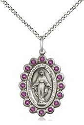 [2009AMSS/18SS] Sterling Silver Miraculous Pendant with Amethyst Swarovski stones on a 18 inch Sterling Silver Light Curb chain