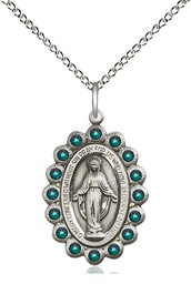 [2009EMSS/18SS] Sterling Silver Miraculous Pendant with Emerald Swarovski stones on a 18 inch Sterling Silver Light Curb chain