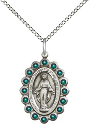 [2009EMSS/18SS] Sterling Silver Miraculous Pendant with Emerald Swarovski stones on a 18 inch Sterling Silver Light Curb chain
