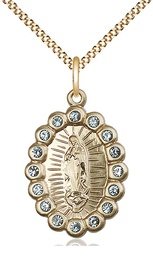 [2009FAGF/18G] 14kt Gold Filled Our Lady of Guadalupe Pendant with Aqua Swarovski stones on a 18 inch Gold Plate Light Curb chain