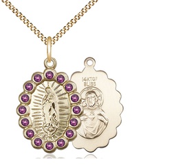 [2009FAMGF/18G] 14kt Gold Filled Our Lady of Guadalupe Pendant with Amethyst Swarovski stones on a 18 inch Gold Plate Light Curb chain
