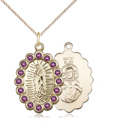 [2009FAMGF/18GF] 14kt Gold Filled Our Lady of Guadalupe Pendant with Amethyst Swarovski stones on a 18 inch Gold Filled Light Curb chain