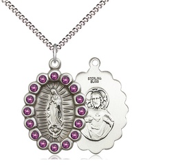 [2009FAMSS/18S] Sterling Silver Our Lady of Guadalupe Pendant with Amethyst Swarovski stones on a 18 inch Light Rhodium Light Curb chain