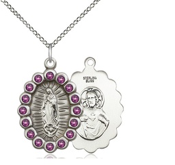 [2009FAMSS/18SS] Sterling Silver Our Lady of Guadalupe Pendant with Amethyst Swarovski stones on a 18 inch Sterling Silver Light Curb chain