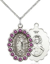 [2009FAMSS/18SS] Sterling Silver Our Lady of Guadalupe Pendant with Amethyst Swarovski stones on a 18 inch Sterling Silver Light Curb chain
