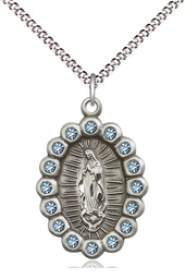 [2009FASS/18S] Sterling Silver Our Lady of Guadalupe Pendant with Aqua Swarovski stones on a 18 inch Light Rhodium Light Curb chain