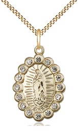 [2009FCGF/18G] 14kt Gold Filled Our Lady of Guadalupe Pendant with Crystal Swarovski stones on a 18 inch Gold Plate Light Curb chain