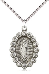 [2009FCSS/18S] Sterling Silver Our Lady of Guadalupe Pendant with Crystal Swarovski stones on a 18 inch Light Rhodium Light Curb chain