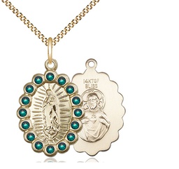 [2009FEMGF/18G] 14kt Gold Filled Our Lady of Guadalupe Pendant with Emerald Swarovski stones on a 18 inch Gold Plate Light Curb chain