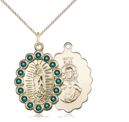 [2009FEMGF/18GF] 14kt Gold Filled Our Lady of Guadalupe Pendant with Emerald Swarovski stones on a 18 inch Gold Filled Light Curb chain