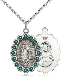 [2009FEMSS/18S] Sterling Silver Our Lady of Guadalupe Pendant with Emerald Swarovski stones on a 18 inch Light Rhodium Light Curb chain