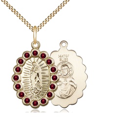 [2009FGTGF/18G] 14kt Gold Filled Our Lady of Guadalupe Pendant with Garnet Swarovski stones on a 18 inch Gold Plate Light Curb chain