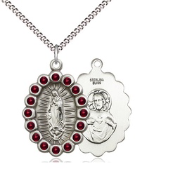 [2009FGTSS/18S] Sterling Silver Our Lady of Guadalupe Pendant with Garnet Swarovski stones on a 18 inch Light Rhodium Light Curb chain