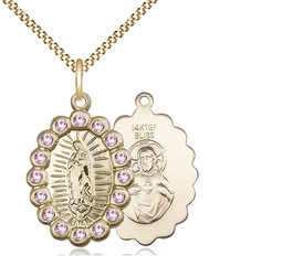 [2009FLAMGF/18G] 14kt Gold Filled Our Lady of Guadalupe Pendant with LA Swarovski stones on a 18 inch Gold Plate Light Curb chain
