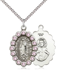 [2009FLAMSS/18S] Sterling Silver Our Lady of Guadalupe Pendant with LA Swarovski stones on a 18 inch Light Rhodium Light Curb chain