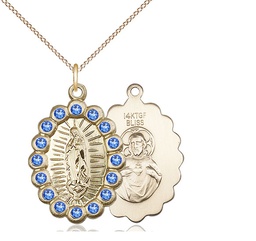 [2009FSAGF/18GF] 14kt Gold Filled Our Lady of Guadalupe Pendant with Sapphire Swarovski stones on a 18 inch Gold Filled Light Curb chain