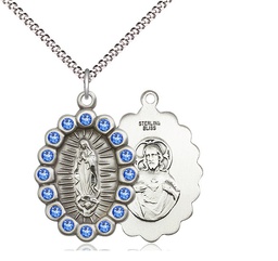 [2009FSASS/18S] Sterling Silver Our Lady of Guadalupe Pendant with Sapphire Swarovski stones on a 18 inch Light Rhodium Light Curb chain
