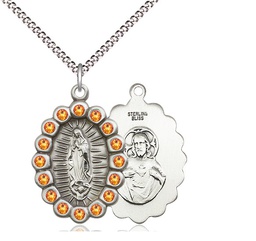 [2009FTPSS/18S] Sterling Silver Our Lady of Guadalupe Pendant with Topaz Swarovski stones on a 18 inch Light Rhodium Light Curb chain