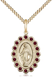 [2009GTGF/18G] 14kt Gold Filled Miraculous Pendant with Garnet Swarovski stones on a 18 inch Gold Plate Light Curb chain