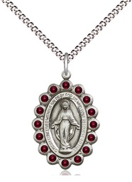 [2009GTSS/18S] Sterling Silver Miraculous Pendant with Garnet Swarovski stones on a 18 inch Light Rhodium Light Curb chain