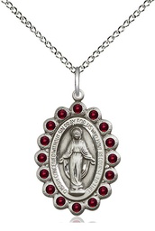 [2009GTSS/18SS] Sterling Silver Miraculous Pendant with Garnet Swarovski stones on a 18 inch Sterling Silver Light Curb chain