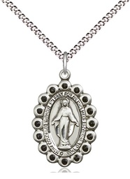 [2009JTSS/18S] Sterling Silver Miraculous Pendant with Jet Swarovski stones on a 18 inch Light Rhodium Light Curb chain