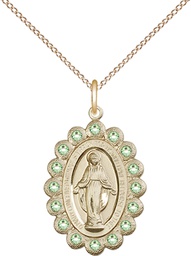 [2009PDGF/18GF] 14kt Gold Filled Miraculous Pendant with Peridot Swarovski stones on a 18 inch Gold Filled Light Curb chain