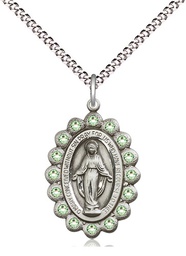 [2009PDSS/18S] Sterling Silver Miraculous Pendant with Peridot Swarovski stones on a 18 inch Light Rhodium Light Curb chain