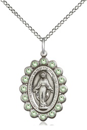 [2009PDSS/18SS] Sterling Silver Miraculous Pendant with Peridot Swarovski stones on a 18 inch Sterling Silver Light Curb chain