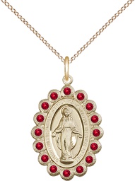 [2009RBGF/18GF] 14kt Gold Filled Miraculous Pendant with Ruby Swarovski stones on a 18 inch Gold Filled Light Curb chain
