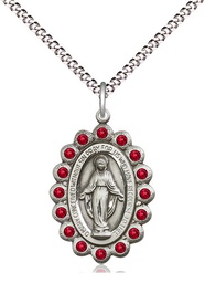 [2009RBSS/18S] Sterling Silver Miraculous Pendant with Ruby Swarovski stones on a 18 inch Light Rhodium Light Curb chain