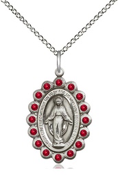 [2009RBSS/18SS] Sterling Silver Miraculous Pendant with Ruby Swarovski stones on a 18 inch Sterling Silver Light Curb chain