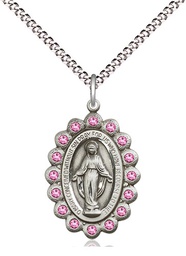 [2009ROSS/18S] Sterling Silver Miraculous Pendant with Rose Swarovski stones on a 18 inch Light Rhodium Light Curb chain