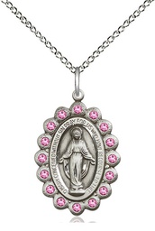 [2009ROSS/18SS] Sterling Silver Miraculous Pendant with Rose Swarovski stones on a 18 inch Sterling Silver Light Curb chain