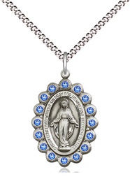 [2009SASS/18S] Sterling Silver Miraculous Pendant with Sapphire Swarovski stones on a 18 inch Light Rhodium Light Curb chain