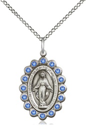 [2009SASS/18SS] Sterling Silver Miraculous Pendant with Sapphire Swarovski stones on a 18 inch Sterling Silver Light Curb chain
