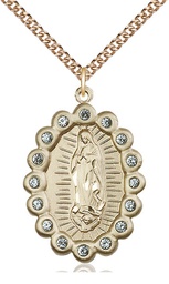[2010FAGF/24GF] 14kt Gold Filled Our Lady of Guadalupe Pendant with Aqua Swarovski stones on a 24 inch Gold Filled Heavy Curb chain
