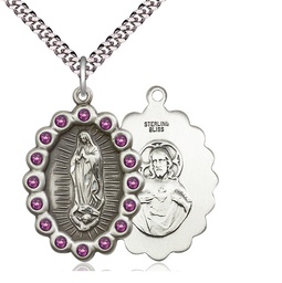 [2010FAMSS/24S] Sterling Silver Our Lady of Guadalupe Pendant with Amethyst Swarovski stones on a 24 inch Light Rhodium Heavy Curb chain