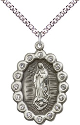 [2010FCSS/24SS] Sterling Silver Our Lady of Guadalupe Pendant with Crystal Swarovski stones on a 24 inch Sterling Silver Heavy Curb chain