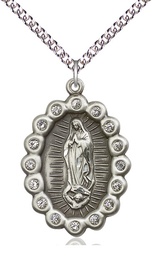 [2010FCSS/24SS] Sterling Silver Our Lady of Guadalupe Pendant with Crystal Swarovski stones on a 24 inch Sterling Silver Heavy Curb chain
