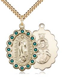 [2010FEMGF/24G] 14kt Gold Filled Our Lady of Guadalupe Pendant with Emerald Swarovski stones on a 24 inch Gold Plate Heavy Curb chain