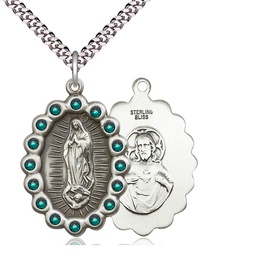 [2010FEMSS/24S] Sterling Silver Our Lady of Guadalupe Pendant with Emerald Swarovski stones on a 24 inch Light Rhodium Heavy Curb chain