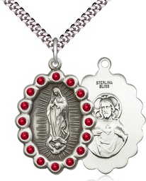 [2010FRBSS/24S] Sterling Silver Our Lady of Guadalupe Pendant with Ruby Swarovski stones on a 24 inch Light Rhodium Heavy Curb chain