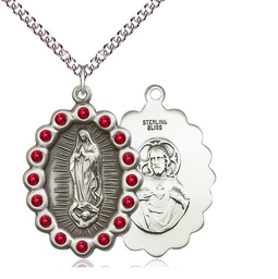[2010FRBSS/24SS] Sterling Silver Our Lady of Guadalupe Pendant with Ruby Swarovski stones on a 24 inch Sterling Silver Heavy Curb chain