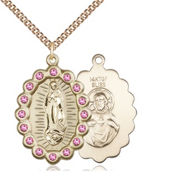 [2010FROGF/24GF] 14kt Gold Filled Our Lady of Guadalupe Pendant with Rose Swarovski stones on a 24 inch Gold Filled Heavy Curb chain
