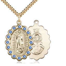 [2010FSAGF/24G] 14kt Gold Filled Our Lady of Guadalupe Pendant with Sapphire Swarovski stones on a 24 inch Gold Plate Heavy Curb chain