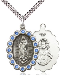 [2010FSASS/24S] Sterling Silver Our Lady of Guadalupe Pendant with Sapphire Swarovski stones on a 24 inch Light Rhodium Heavy Curb chain